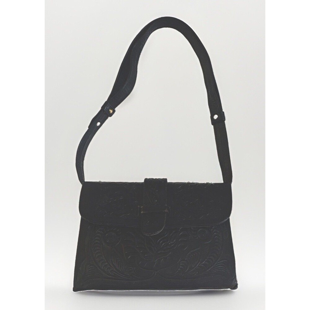 Vintage Black Embossed Leather Western SW Floral Shoulder Bag Purse W/Adj Strap